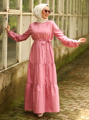 Layered Cotton Satin Satin Modest Dress Pink