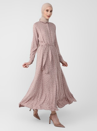 Natural Fabric Belted Shirt Dress - Mink - Refka