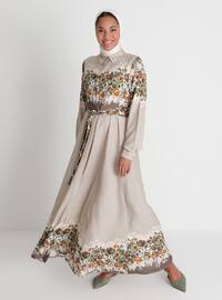 Natural Fabric Patterned Shirt Dress - Beige