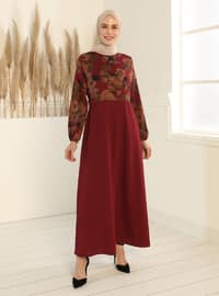 Floral Print Dress - Claret Red