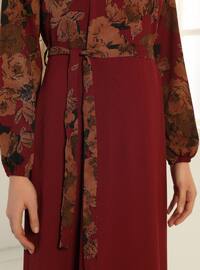 Floral Print Dress - Claret Red