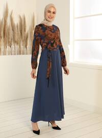 Floral Print Dress - İndigo