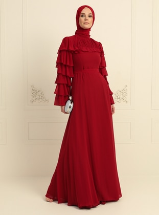 Red - Fully Lined - Polo neck - Muslim Evening Dress