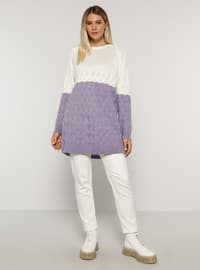 White - Lilac - Acrylic - - Crew neck - Plus Size Knit Tunics