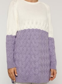 White - Lilac - Acrylic - - Crew neck - Plus Size Knit Tunics