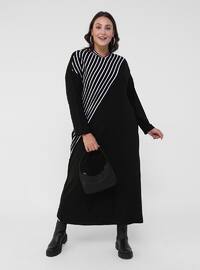 Oversize Natural Fabric Striped Dress - Black