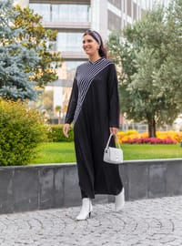 Oversize Natural Fabric Striped Dress - Black