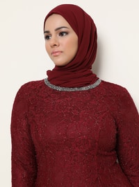 Maroon - Fully Lined - Crew neck - Muslim Plus Size Evening Dress