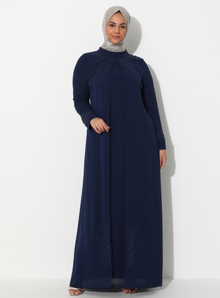 Navy Blue - Fully Lined - Crew neck - Muslim Plus Size Evening Dress - Sevdem Abiye