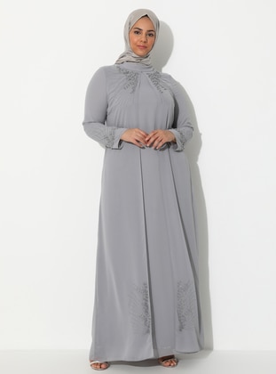 Gray - Fully Lined - Crew neck - Muslim Plus Size Evening Dress - Sevdem Abiye