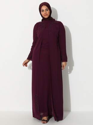 Plum - Fully Lined - Crew neck - Muslim Plus Size Evening Dress - Sevdem Abiye