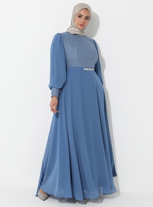 Blue - Fully Lined - Crew neck - Muslim Plus Size Evening Dress - Sevdem Abiye