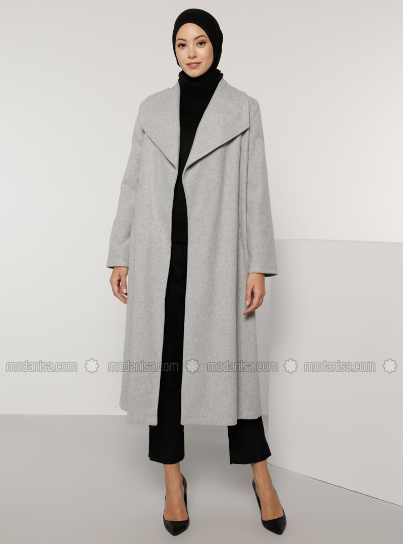 Gray - Fully Lined - V neck Collar - Acrylic - - Coat