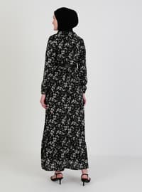 Black - Floral - Crew neck - Unlined - Viscose - Dress