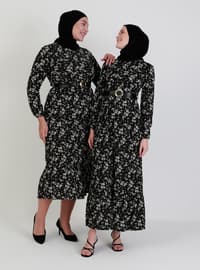 Black - Floral - Crew neck - Unlined - Viscose - Dress