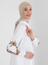 Embroidered Sleeve Poplin Tunic - White - Woman