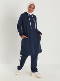 Oversize Natural Fabric Sports Tunic&Trousers Sports Set - IndigoEcru