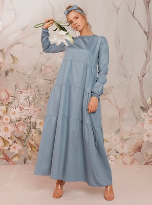 Layered Cotton Satin Satin Modest Dress Indigo