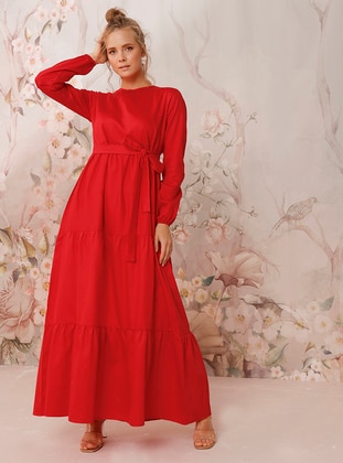 Layered Cotton Satin Satin Modest Dress Red