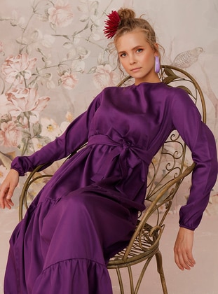 Layered Cotton Satin Satin Modest Dress Purple