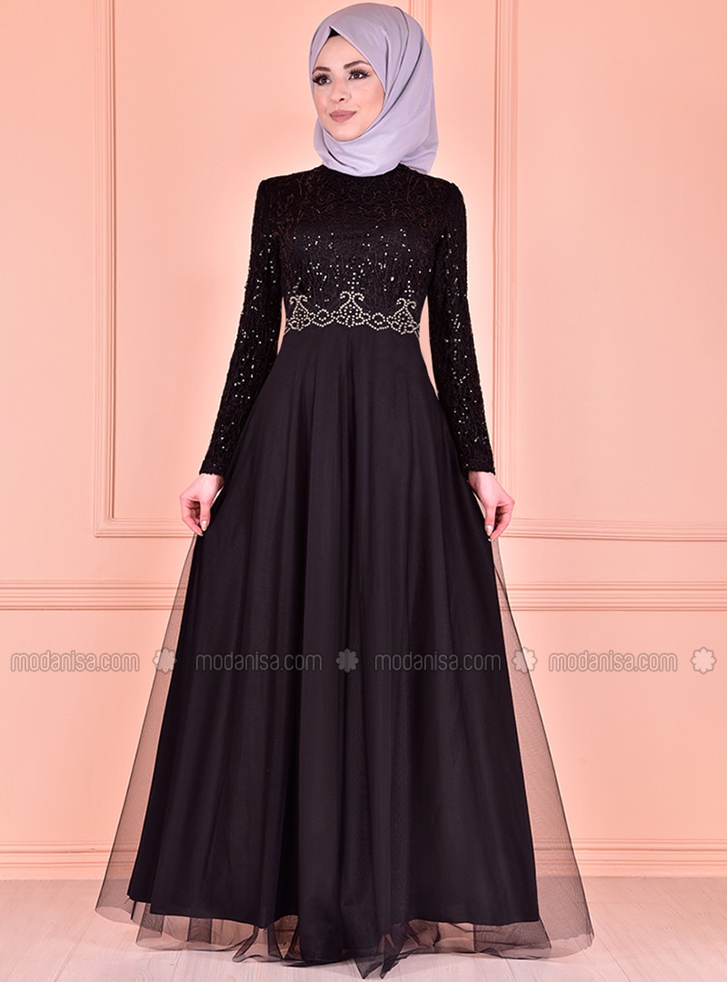 Black - Fully Lined - Crew neck - Muslim Evening Dress