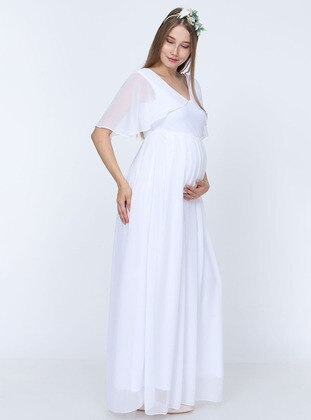 White - White - V neck Collar - Chiffon - Maternity Dress - Moda Labio