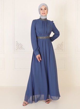 Indigo - Fully Lined - Crew neck - Muslim Evening Dress  - Meksila