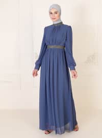 Indigo - Fully Lined - Crew neck - Muslim Evening Dress