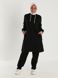 Oversize Natural Fabric Sports Tunic&Trousers Sports Set - Black Ecru