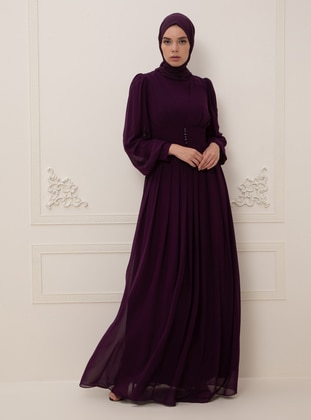 Purple - Fully Lined - Crew neck - Muslim Evening Dress - Ziwoman