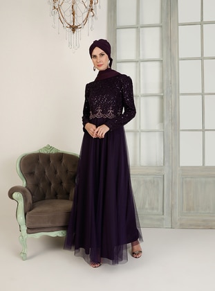 Purple - Fully Lined - Crew neck - Muslim Evening Dress - AYŞE MELEK TASARIM
