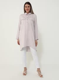 Gray - Lilac - Point Collar - Plus Size Tunic