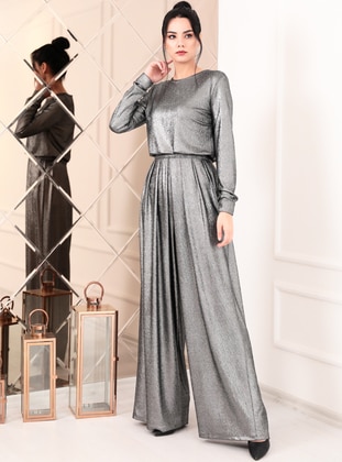 Silver tone - Silver tone - Fully Lined - Crew neck - Crepe - Evening Jumpsuits - Rana Zenn