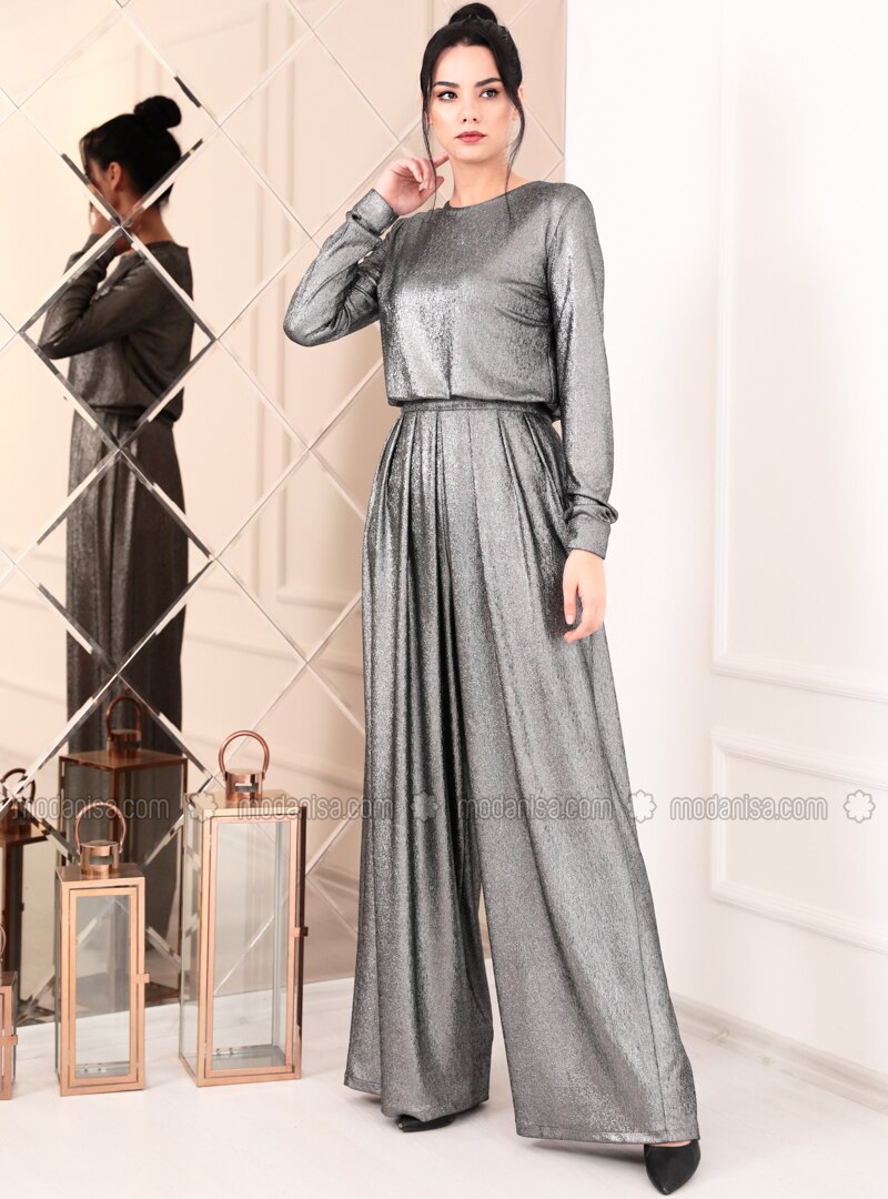 Silver tone - Silver tone - Fully Lined - Crew neck - Crepe - Evening Jumpsuits