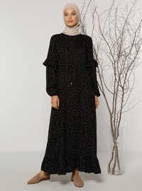 Natural Fabric Ruffle Detailed Dress - Black Saffron