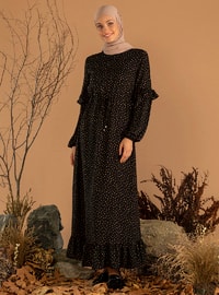 Natural Fabric Ruffle Detailed Dress - Black Saffron