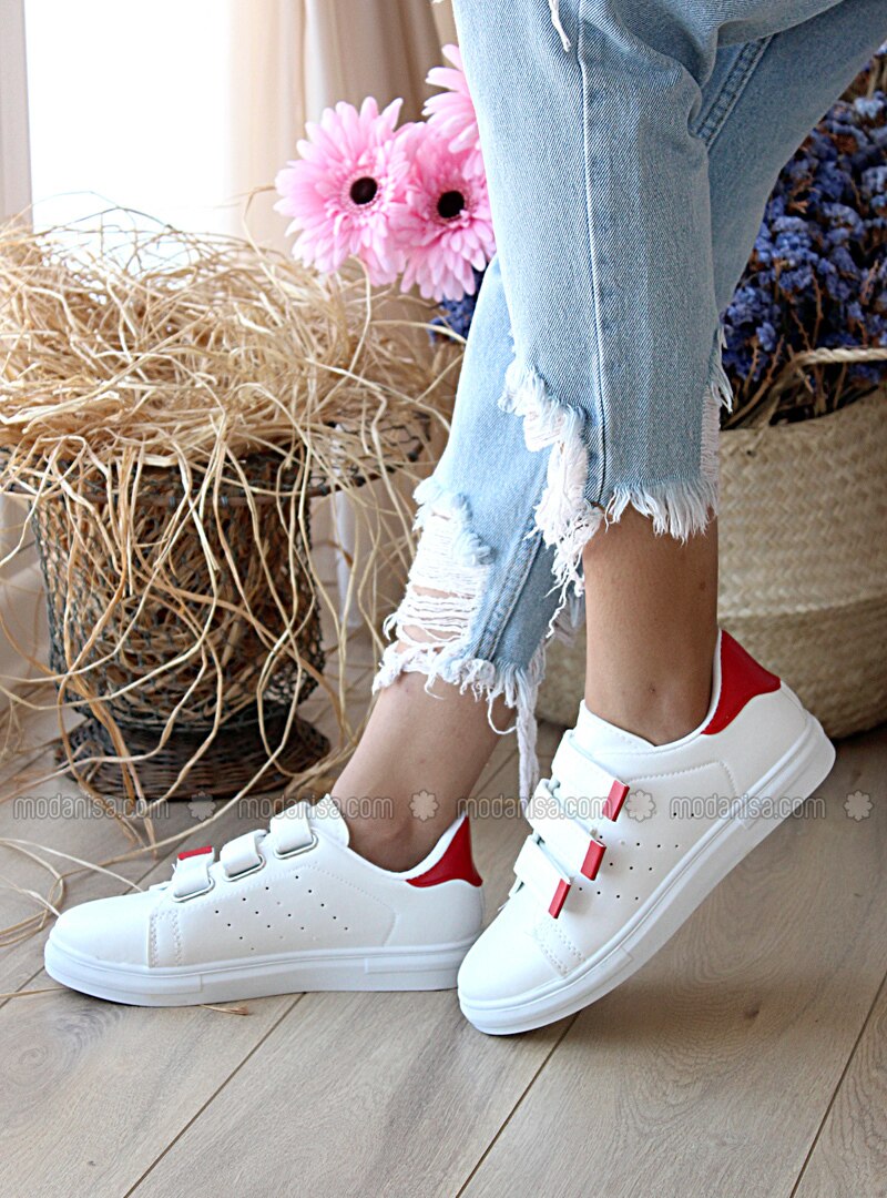red and white casual shoes