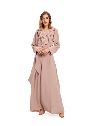 Double-Breasted Front Ruffled Modest Dress Beige