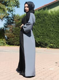 Gray - Black - Unlined - V neck Collar - Abaya
