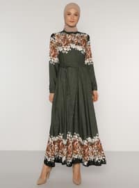 Khaki - Floral - Point Collar - Unlined - Viscose - Dress