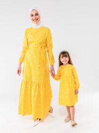 Yellow - Multi - Round Collar - Cotton - Unlined - Yellow - Girls` Dress - Ceylan Otantik