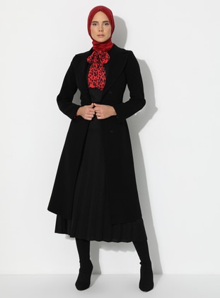 Black - Fully Lined - Shawl Collar - Viscose - Coat - Concept By Olcay
