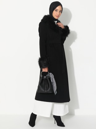 Black - Fully Lined - V neck Collar - Viscose - Coat - Concept By Olcay