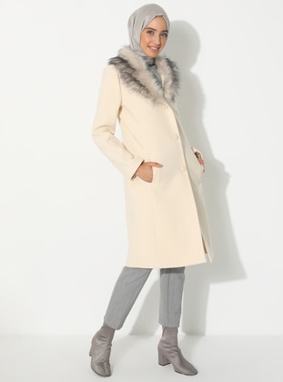 Ecru - Fully Lined - V neck Collar - Viscose - Coat - Concept By Olcay