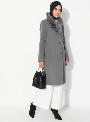 Gray - Fully Lined - V neck Collar - Viscose - Coat - Concept By Olcay