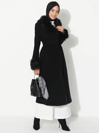 Faux Fur Detailed Snap Fastened Button Coat Black