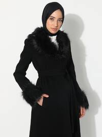 Faux Fur Detailed Snap Fastened Button Coat Black