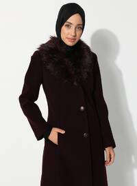 Faux Fur Detailed Coat With Faux Fur Collar Plum Color
