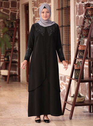 Black - Unlined - Crew neck - Muslim Plus Size Evening Dress - Amine Hüma