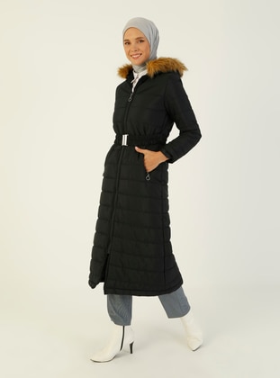 Quilted Puffer Coat With Faux Fur Detailed Hat Navy Blue